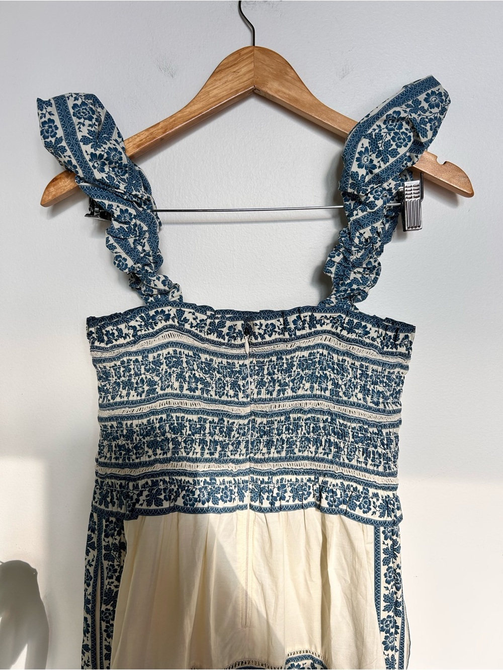 Sea NY Arlo Maxi Floral Tiered Smocked Bodice Blue Cream Cotton Dress Size S - Picture 11 of 12